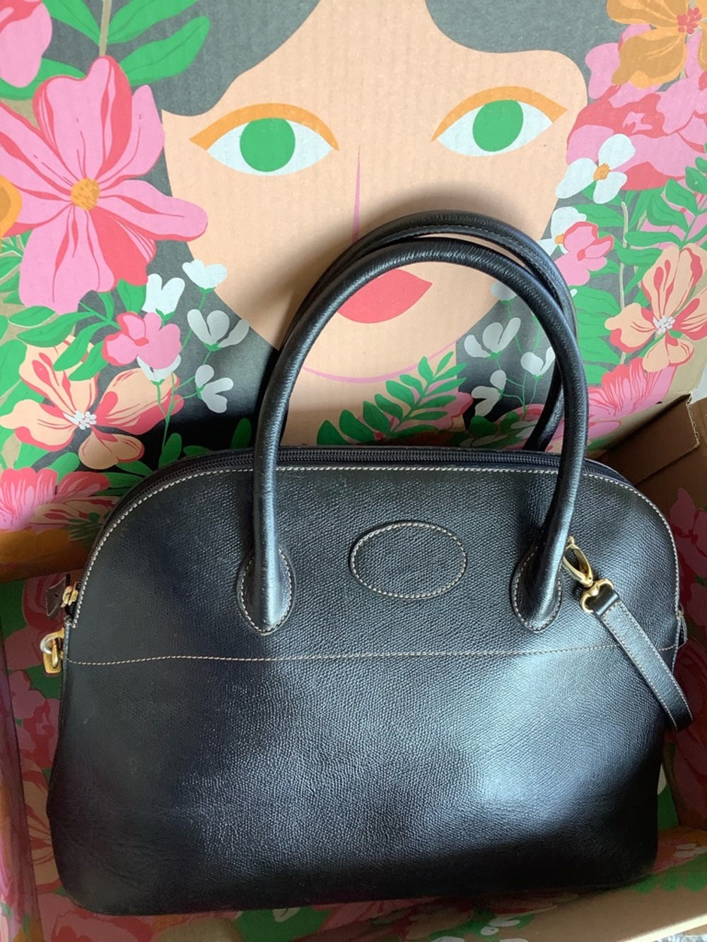Black Leather Dome Satchel with Top Handles and Detachable Strap